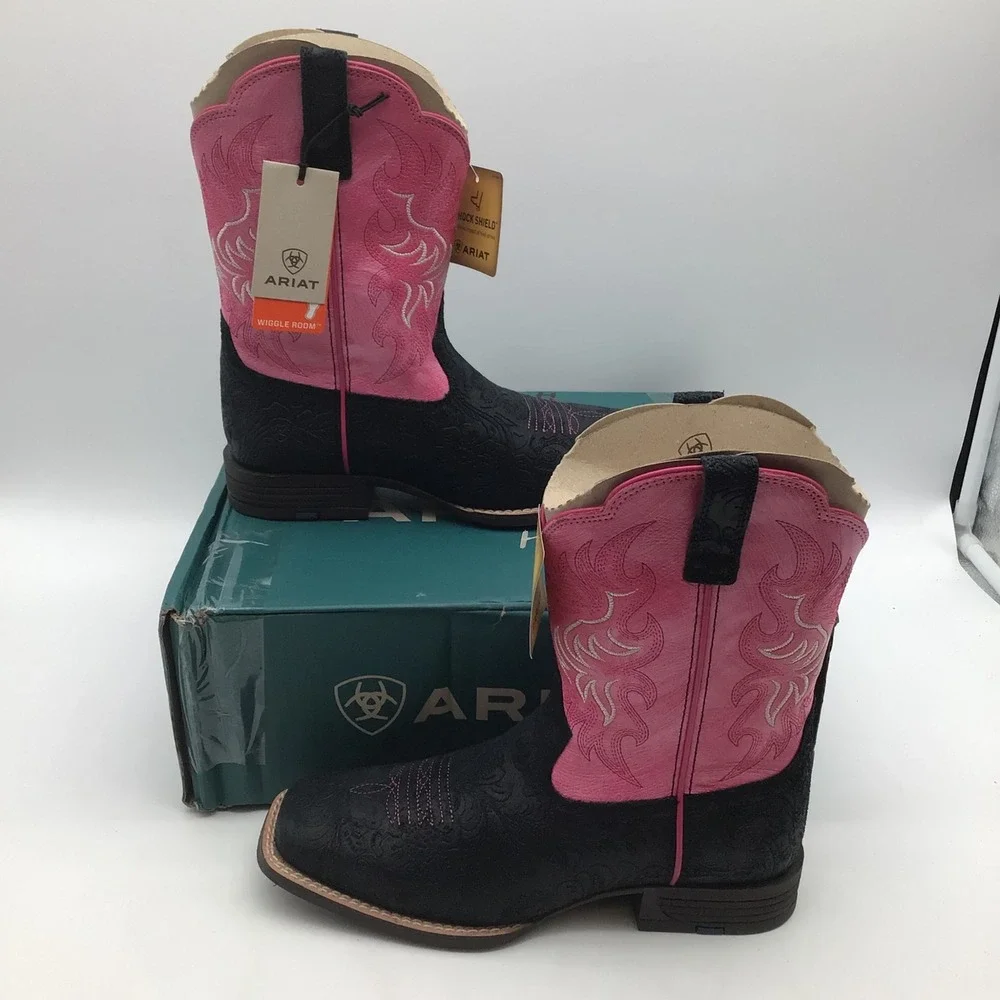 Ariat‎ Kids Outrider Black Floral Pink Peony Western Boots Size 5.5 M NEW